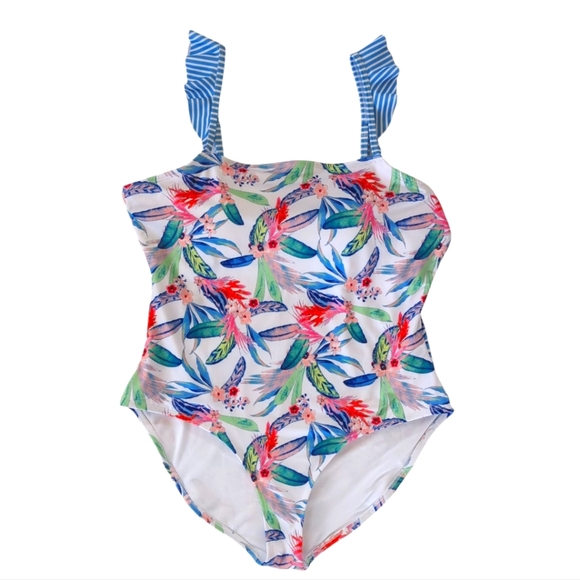 Oasis Other - Oasis Ruffle Tropical Floral One Piece Swimsuit XXL Blue White